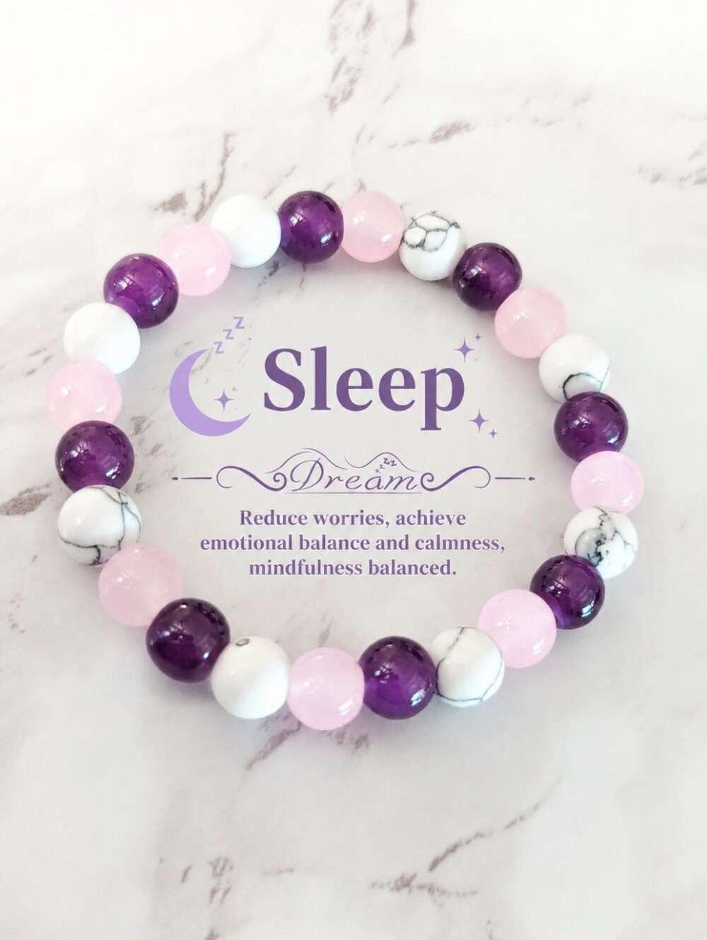 Sleep Crystal Bracelet Amethyst Rose Quartz Howlite Beaded Stretch Bracelet